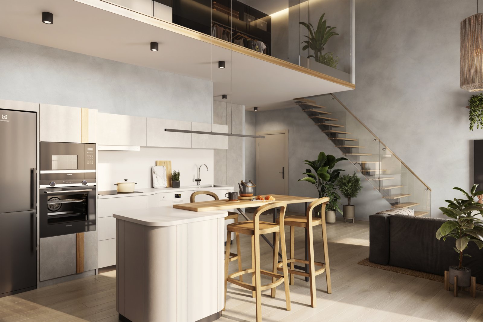 eQ Residences loft kitchen and dining area entrance New Residences for Sale – Pointe aux Canonniers, Mauritius