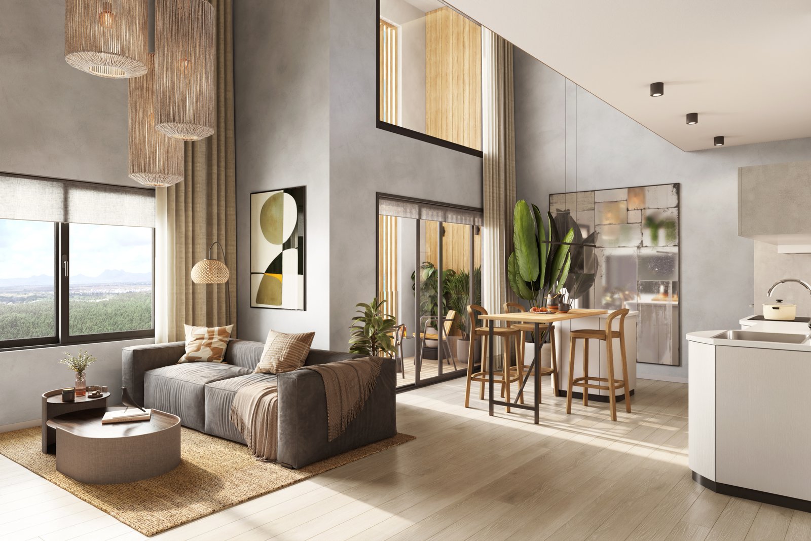 eQ Residences loft kitchen and livingroom New Residences for Sale – Pointe aux Canonniers, Mauritius