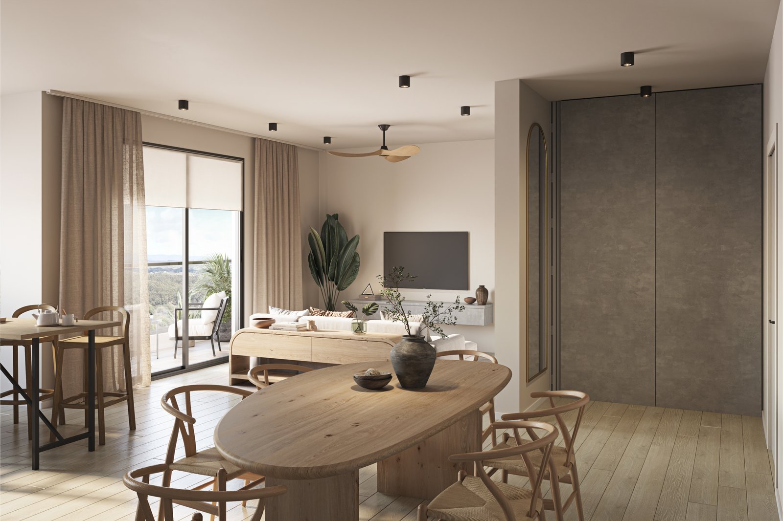 eQ Residences two bedroom apartment kitchen and livingroom New Residences for Sale – Pointe aux Canonniers, Mauritius
